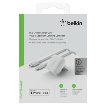 Chargeur Secteur rapide Belkin USB-C 20W + Cable USB-C Vers Lightning-meilleur prix tunisie