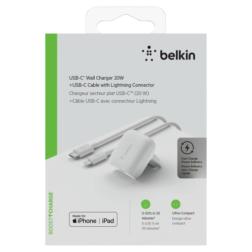 Chargeur Secteur rapide Belkin USB-C 20W + Cable USB-C Vers Lightning-meilleur prix tunisie